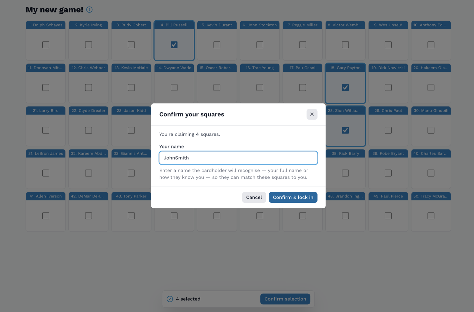 A Football Cards grid with a 'Confirm your squares' dialog where a player enters their name to claim selected squares.