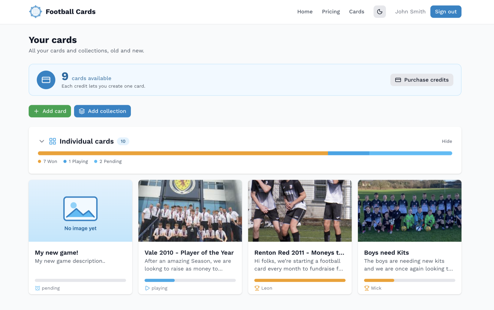 The Football Cards dashboard listing credits available, individual cards and collections with their status.