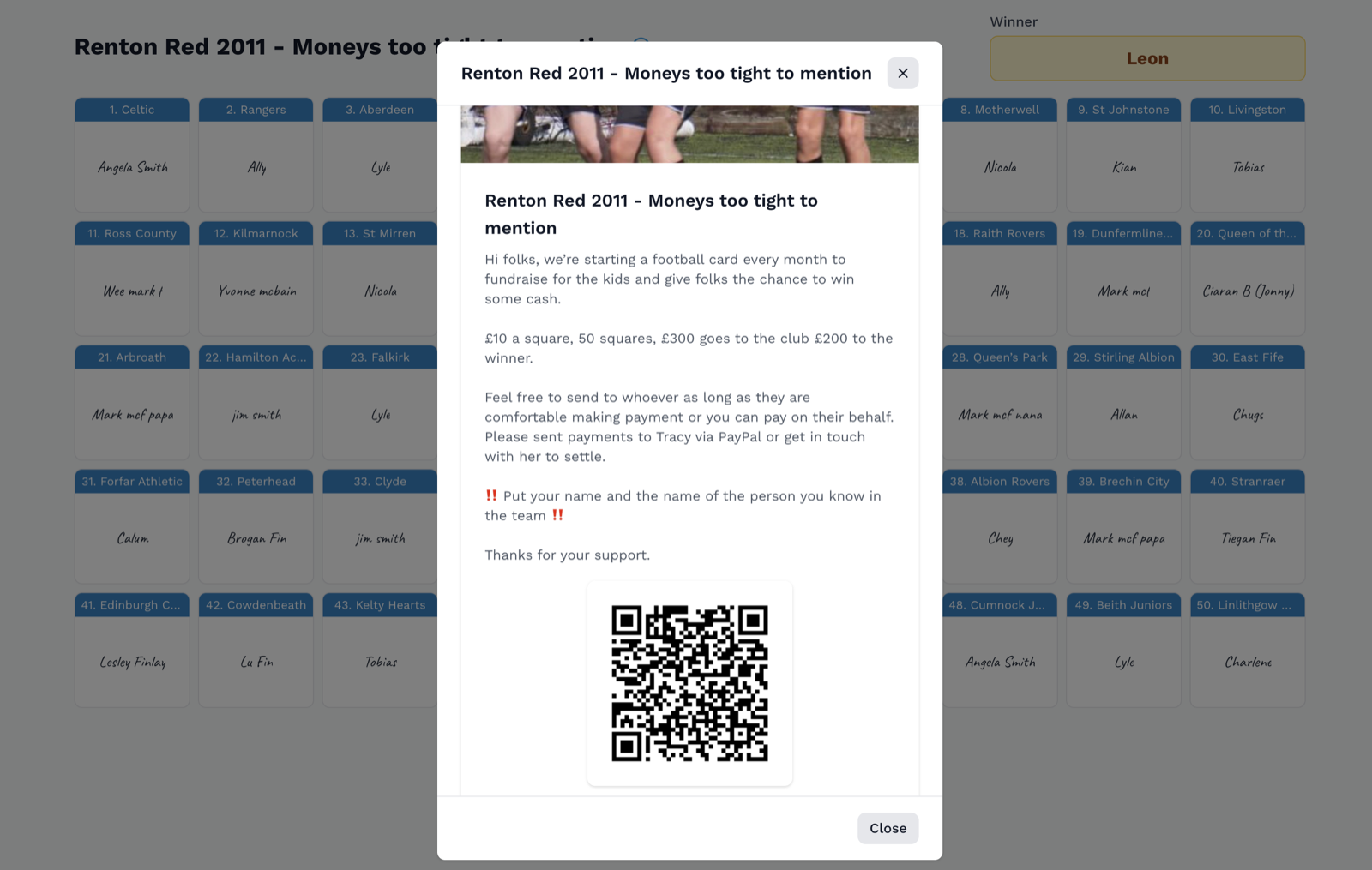 A Football Cards information overlay showing a card's description and a QR code that players use to join.