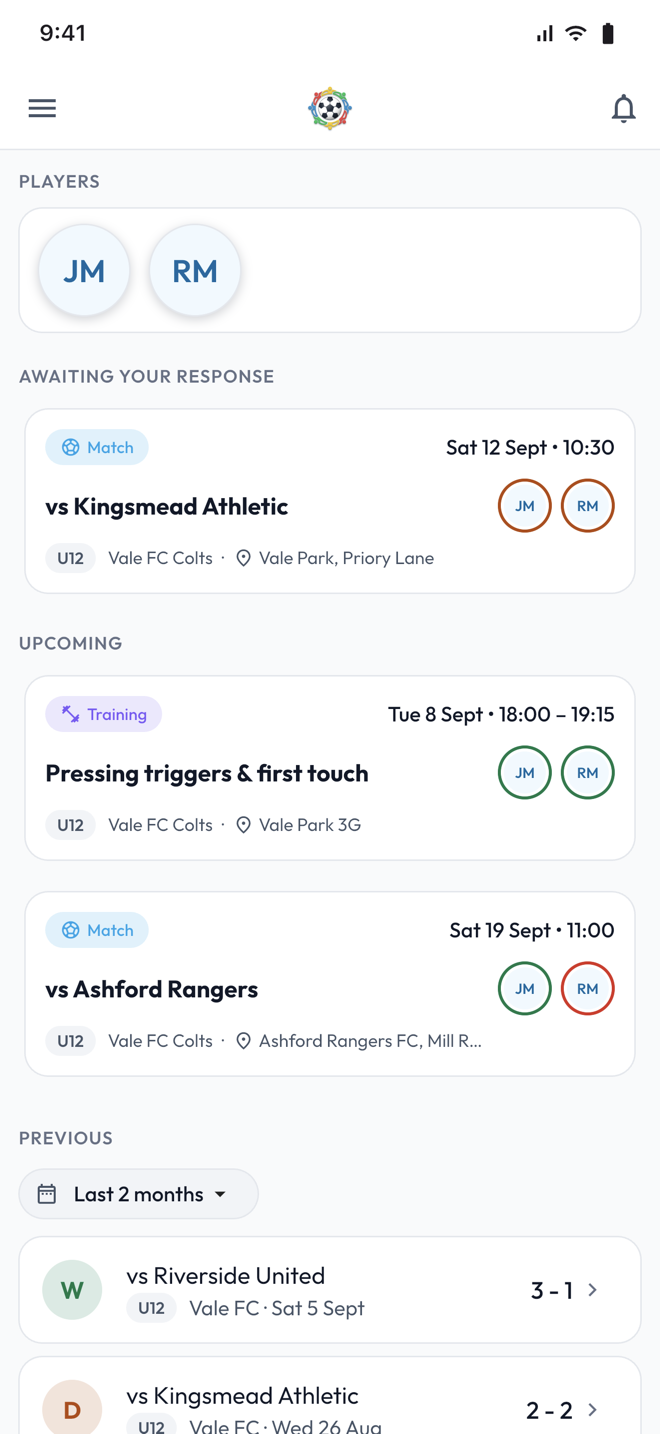 The OurGame phone app home screen listing a match awaiting a response, upcoming training and previous results.