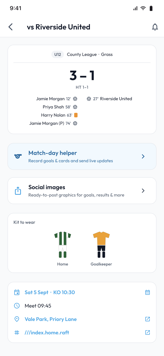 A match screen in the phone app showing the final score, the goalscorers with minutes, a booking and the kit to wear.