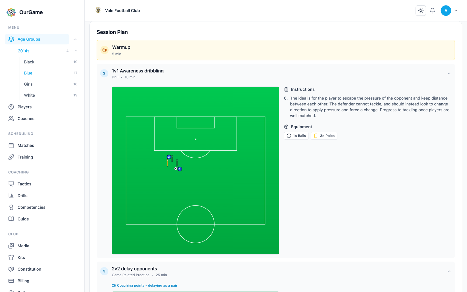 A training session plan: a warm-up followed by drills, each with a pitch diagram, numbered coaching points and the equipment needed.
